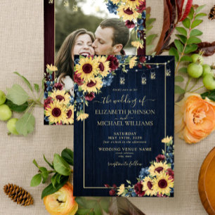 Sunflower Navy Blue Burgundy Wood Floral Photo v1 招待状