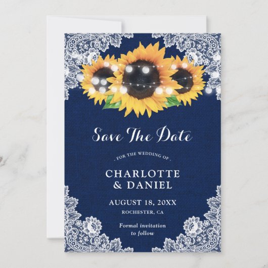 Sunflower Navy Blue Burlap Lace Wedding セーブザデート (正面)
