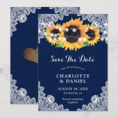 Sunflower Navy Blue Burlap Lace Wedding セーブザデート (正面/裏面)