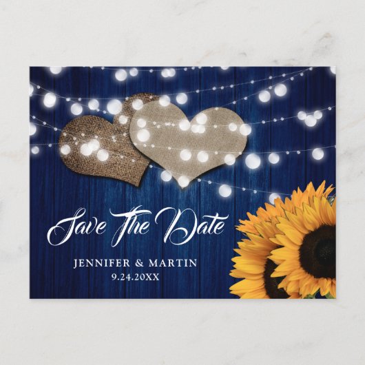 Sunflower Navy Blue Wedding Save The Date Postcard ポストカード (正面)