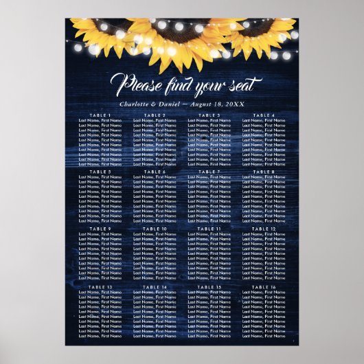 Sunflower Navy Blue Wedding Seating Chart 16 ポスター (正面)