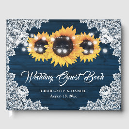 Sunflower Navy Blue Wood Floral Lace Wedding ゲストブック