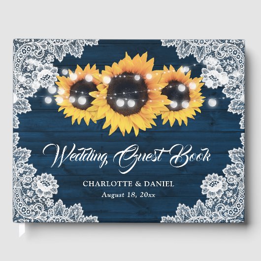 Sunflower Navy Blue Wood Floral Lace Wedding ゲストブック (正面)