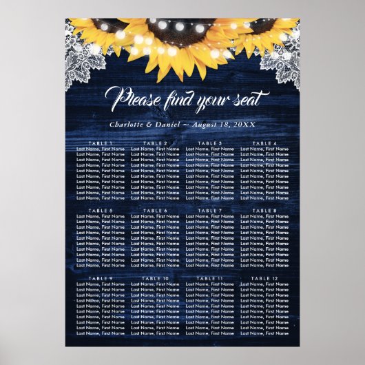 Sunflower Navy Blue Wood Wedding Seating Chart 12 ポスター (正面)