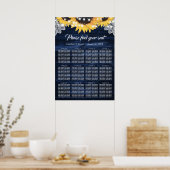 Sunflower Navy Blue Wood Wedding Seating Chart 12 ポスター (キッチン)