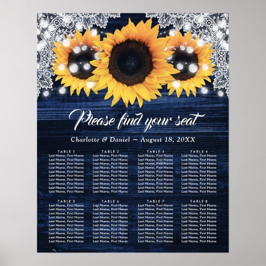 Sunflower Navy Blue Wood Wedding Seating Chart 8 ポスター (正面)