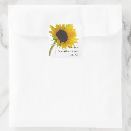 Sunflower on White 結婚's Thank Youメッセージカード スクエアシール (バッグ)
