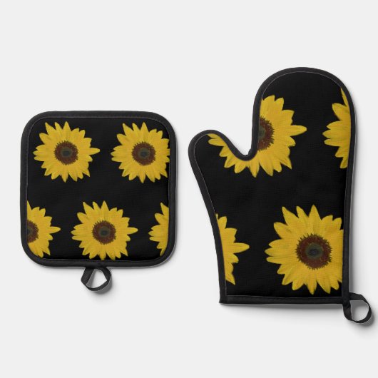 Sunflower Oven Mitt & Potholder Set Black & Yellow 鍋つかみ&鍋敷きセット (正面)