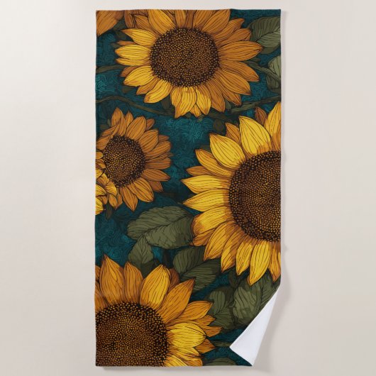 Sunflower Pattern – Summer Floral ビーチタオル (正面)