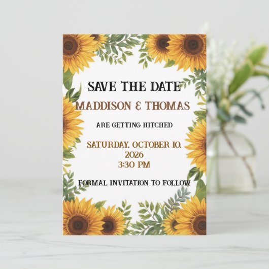 Sunflower Personalised Wedding Save The Date Card 招待状 (スタンド正面)