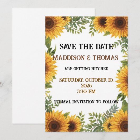 Sunflower Personalised Wedding Save The Date Card 招待状 (正面/裏面)