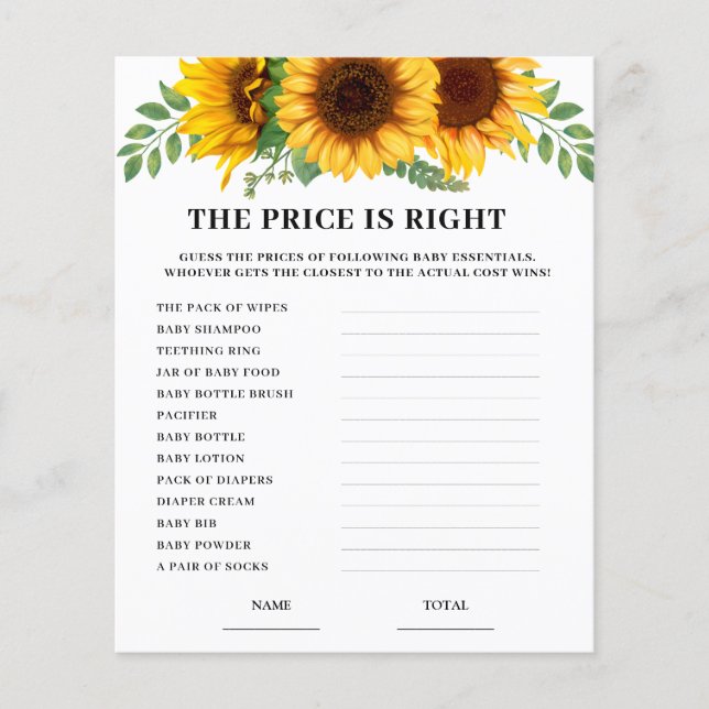 Sunflower Price is Right Baby Shower Game Card  (正面)