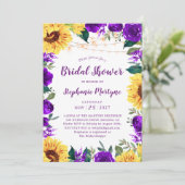 Sunflower Purple Floral Border Light Bridal Shower 招待状 (スタンド正面)
