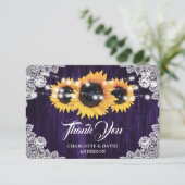 Sunflower Purple Rustic Wood Floral Lace Wedding サンキューカード (スタンド正面)