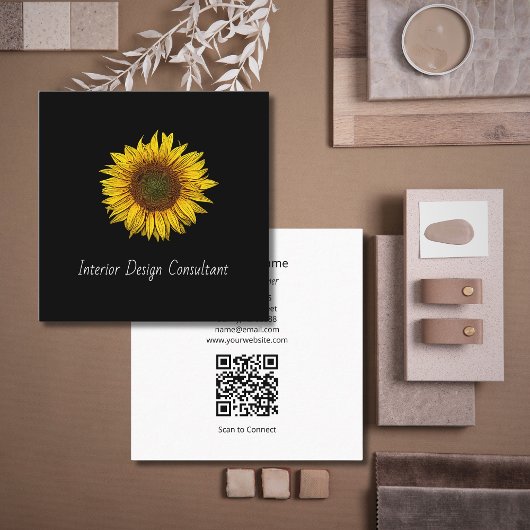 Sunflower QR code Interior Designer Black White  スクエア名刺