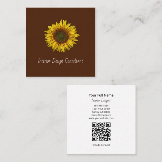 Sunflower QR code Interior Designer Rustic Brown スクエア名刺 (正面/裏面)