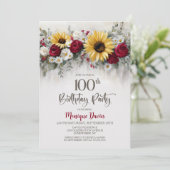 Sunflower Red Rose Floral 100th Birthday Party 招待状 (スタンド正面)