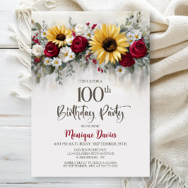 Sunflower Red Rose Floral 100th Birthday Party 招待状