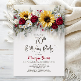 Sunflower Red Rose Floral 70th Birthday Party 招待状