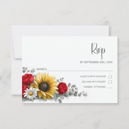Sunflower Red Rose Floral Wedding RSVP (正面)
