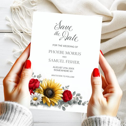 Sunflower Red Rose Floral Wedding Save the Date セーブザデート