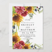  Sunflower Red Rose Watercolor Wedding Invitation 招待状 (正面)