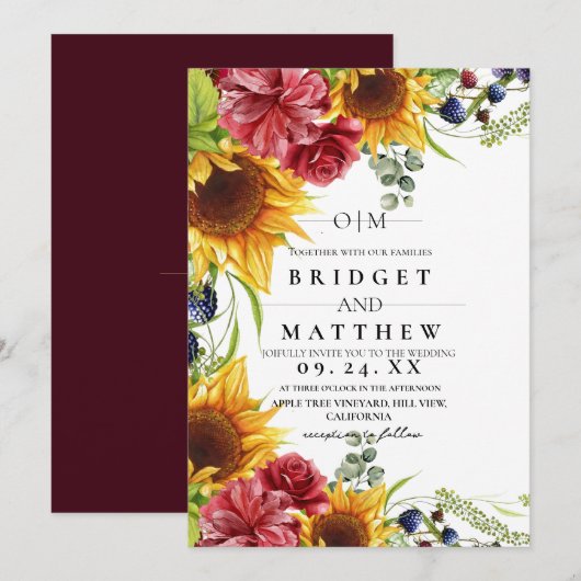  Sunflower Red Rose Watercolor Wedding Invitation 招待状 (正面/裏面)