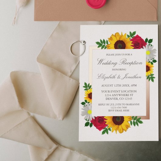 Sunflower Rose Daisy Floral Wedding Reception 箔招待状