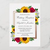 Sunflower Rose Daisy Floral Wedding Reception 箔招待状 (正面)