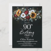 Sunflower Rose Floral Black 90th Birthday Party 招待状 (正面)