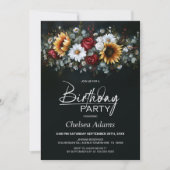 Sunflower Rose Floral Black Any Age Birthday Party 招待状 (正面)