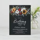 Sunflower Rose Floral Black Any Age Birthday Party 招待状 (スタンド正面)