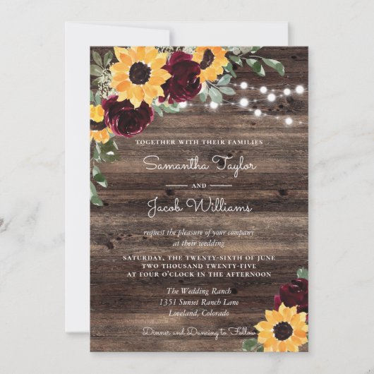 Sunflower Roses Barn QR Code Wedding 招待状 (正面)