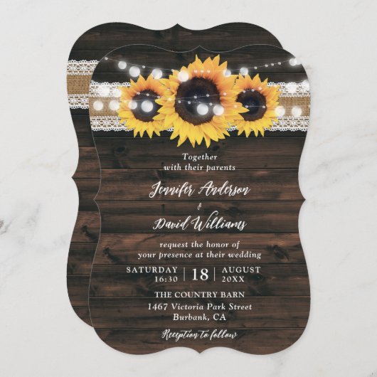 Sunflower Rustic Country Wood Wedding 招待状 (正面/裏面)