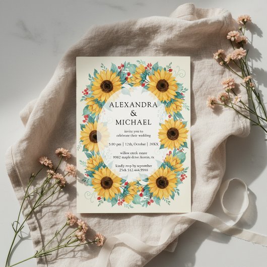 Sunflower Rustic Wedding Invitation Floral 招待状