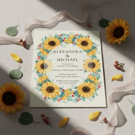 Sunflower Rustic Wedding Invitation Floral 招待状