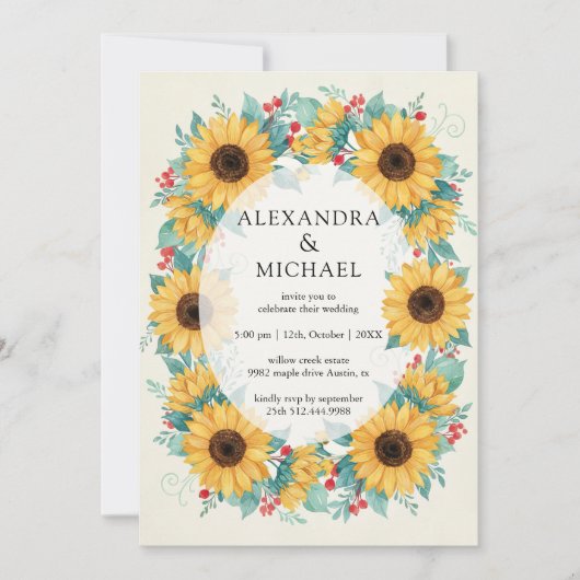 Sunflower Rustic Wedding Invitation Floral 招待状 (正面)