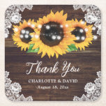 Sunflower Rustic Wood Lace Wedding Thank You スクエアペーパーコースター<br><div class="desc">These elegant rustic sunflower wedding coasters are ideal favors for your rustic summer or fall wedding party inspired by sunflower flowers.</div>