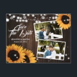 Sunflower Rustic Wood Wedding Photo Save The Date 案内ポストカード<br><div class="desc">Rustic floral wedding photo save the date postcard featuring sunflowers and string lights against a barn wood background.</div>