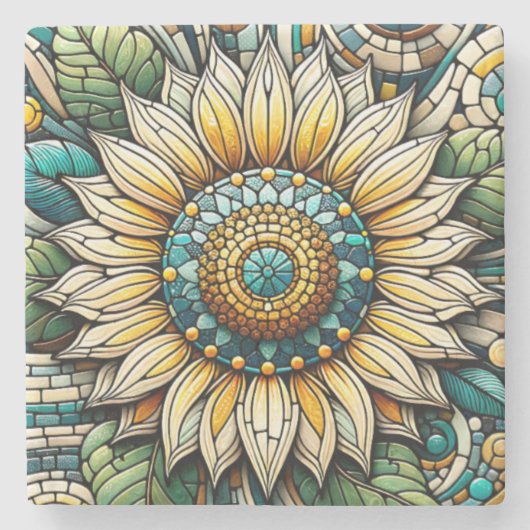 Sunflower Stained Glass Mosaic ストーンコースター (正面)