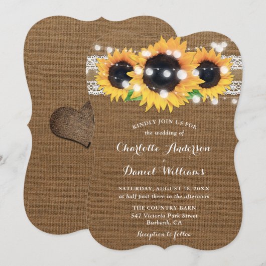 Sunflower String Lights Burlap Lace Wedding 招待状 (正面/裏面)