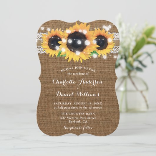 Sunflower String Lights Burlap Lace Wedding 招待状 (スタンド正面)