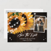 Sunflower String Lights Burlap Wood Wedding Photo 案内ポストカード (正面/裏面)