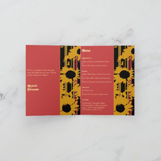 Sunflower Summer Gold Red Wedding Photo Menu カード (内部)