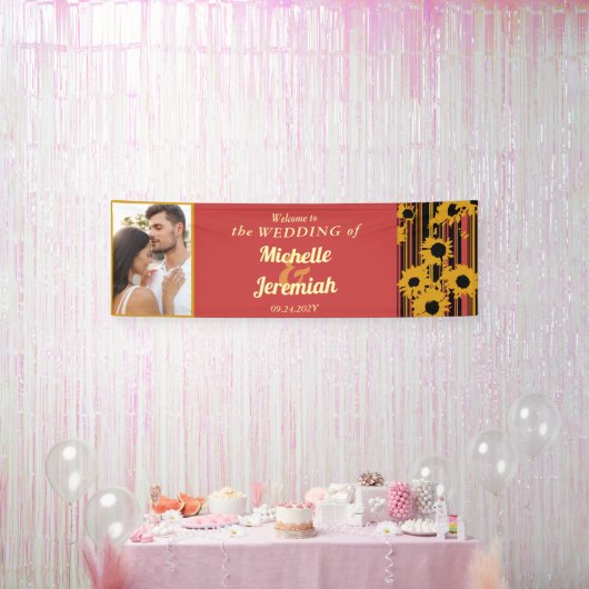 Sunflower Sunset Coral Gold Modern Welcome Wedding 横断幕 (パーティー)