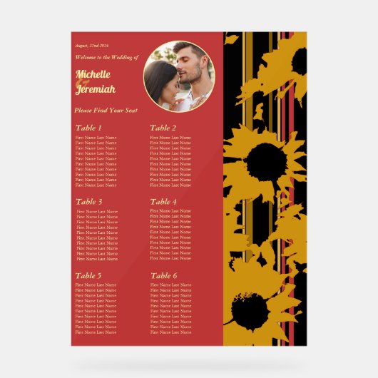 Sunflower Sunset Coral Gold Wedding Seat Chart アクリルサイン (正面)