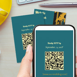 Sunflower Teal Blue Gold Modern QR Code Wedding  出欠カード