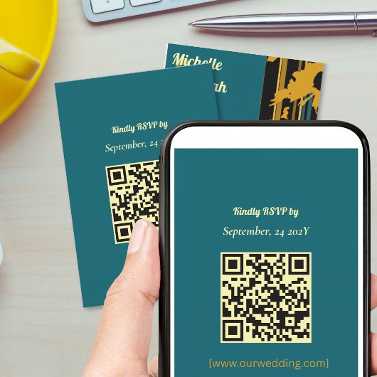 Sunflower Teal Blue Gold Modern QR Code Wedding  出欠カード