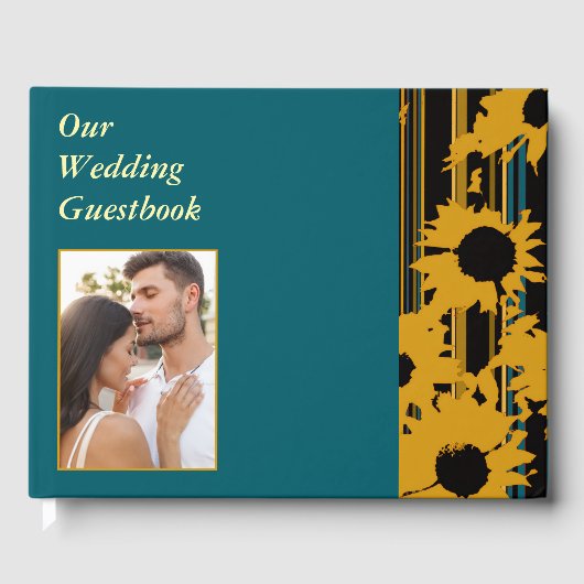 Sunflower Teal Blue Gold Modern Wedding ゲストブック (正面)