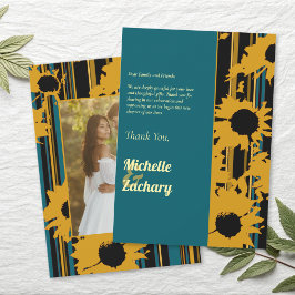 Sunflower Teal Blue Gold Modern Wedding サンキューカード